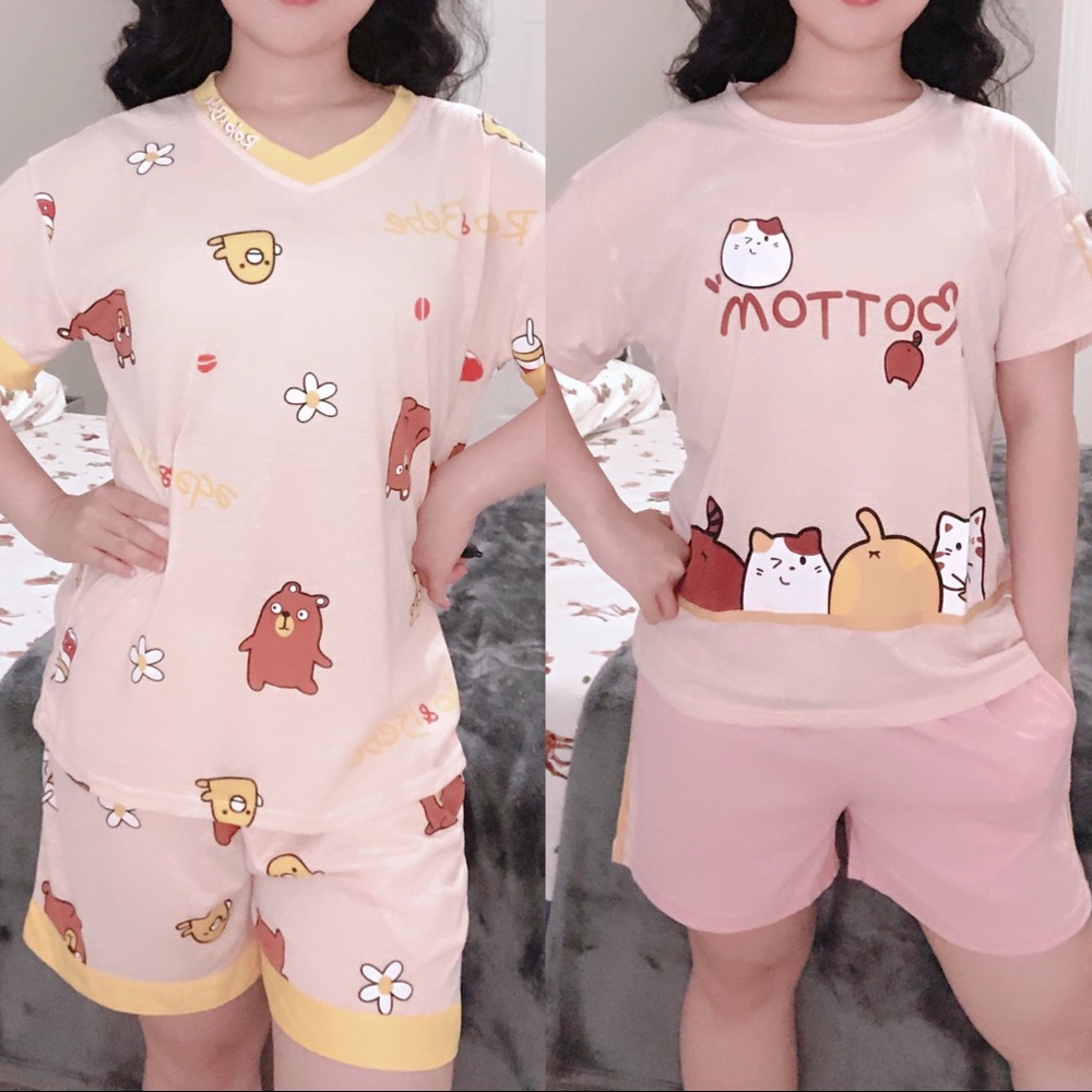 2 Set Women girl cartoon printed cotton short sleeve round neck pajama sleepwear